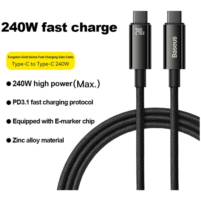 Baseus Cable USB-C to USB-C Tungsten Gold 240W 3.0m Black - Image 6