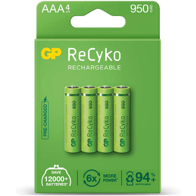 GP ReCyko+ Recharg Batteries AAA 950mah 4pcs 656.161UK