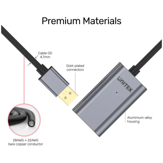 Unitek UCE USB-A 2.0 Active Extension Cable Alum 5.0m Y-271 - Image 4
