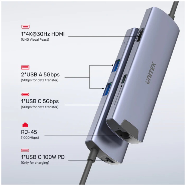 Unitek USB-C Hub USB3.0 HDMI/GB/PD100W H1112F - Image 4