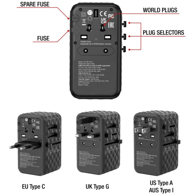 Verbatim Charger Travel Adapter World to World GAN III 100W 2xC 2xA UTA-06 - Image 11