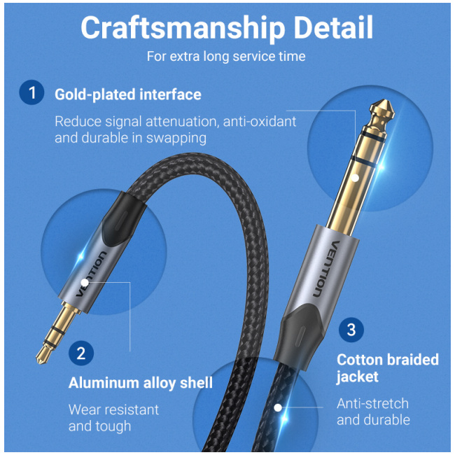 Vention AUDIO 3.5mm to 6.3mm M-M TRS Cable Braided Alum 10.0m BAUHL - Image 2