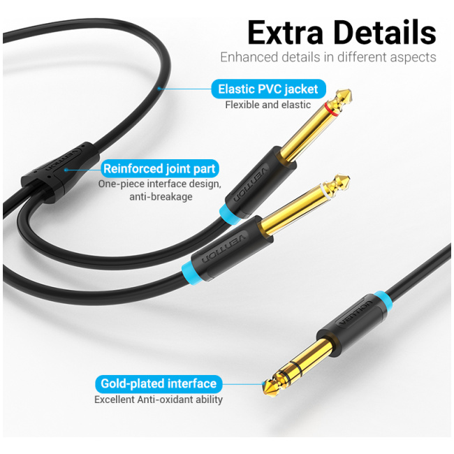 Vention AUDIO 6.3mm M to 2x6.3mm M TRS Cable 3.0m BATBI - Image 2