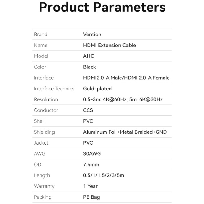 Vention HDMI Cable 2.0 M-F Extension 5.0m AHCBJ - Image 4