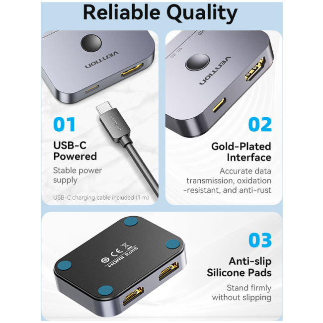 Vention HDMI Switch 2-Port 8K 2.1 Bi-Directional Metal AKPH0 - Image 5