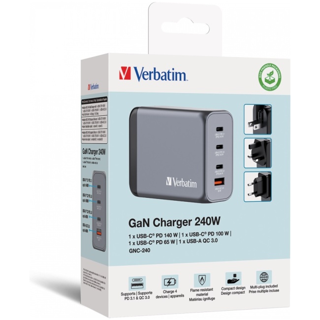Verbatim GaN Charger 4 Port 240W USB A/C (EU/UK/US) GNC-240 - Image 4