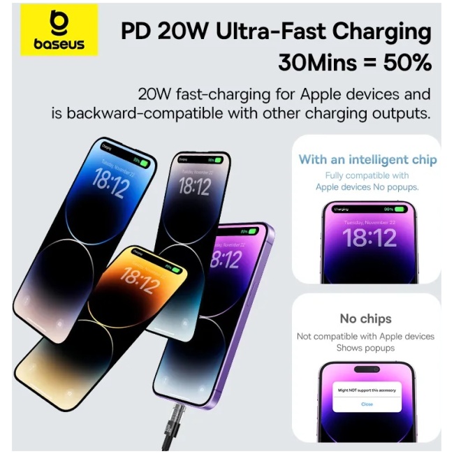 Baseus Cable Lightning to USB-C Gem Series 2.0m 20W Black - Image 3