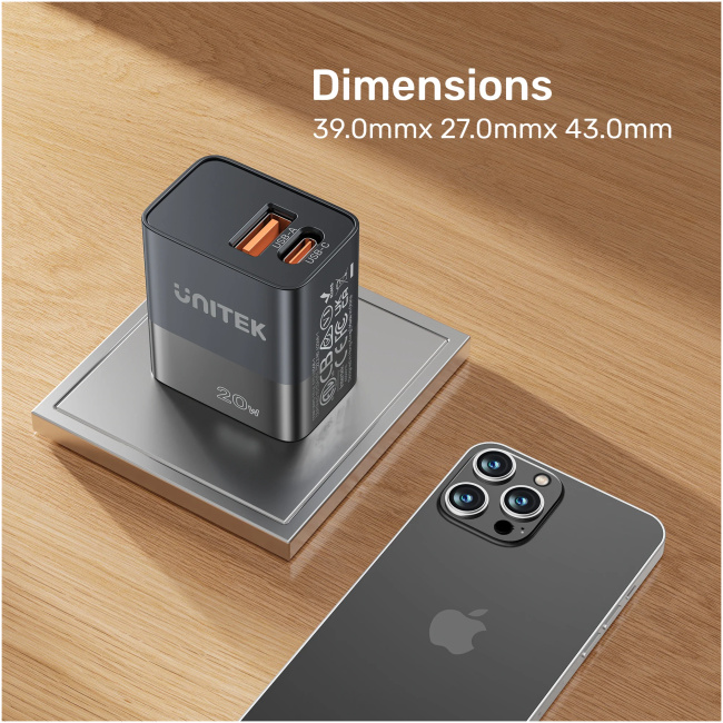 Unitek 20W Wall Charger USB-C PD & QC 3.0 UK P1124ABK Black - Image 5