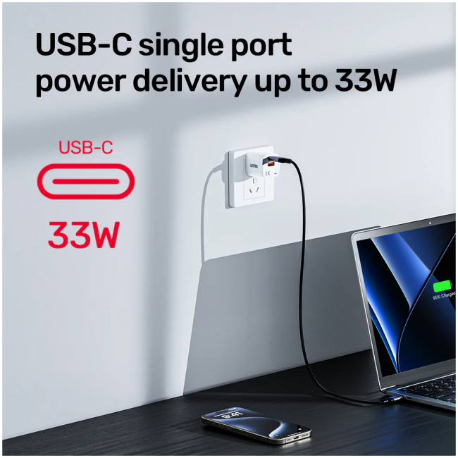 Unitek 33W Wall Charger USB-C PD & QC 3.0 UK P1125AWH White - Image 3