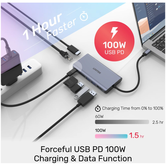 Unitek D1056A Type-C 3.1 HDMI/DP/RJ45/SD/PD100W Hub Space Grey - Image 6