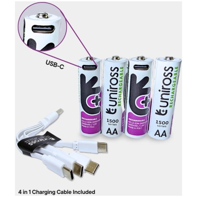 Uniross Rechargeable USB-C Lithium AA Batteries 2400 mAh (4pack) - Image 5