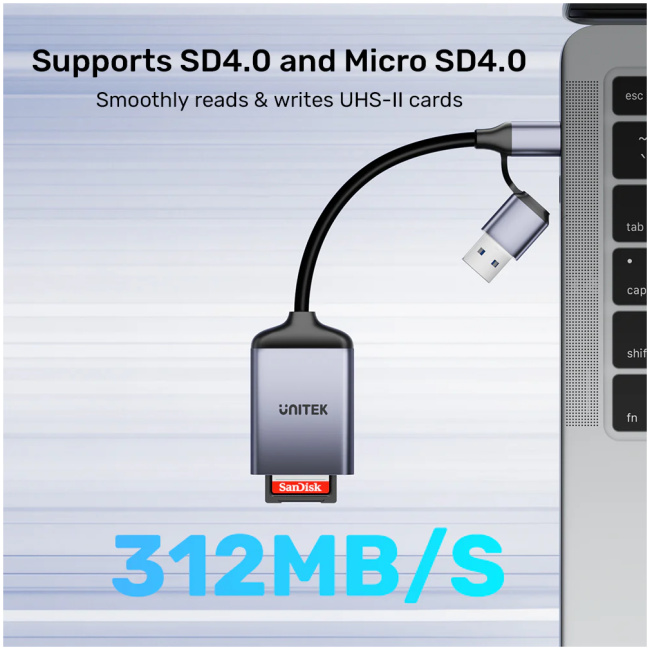 Unitek R1018E Super Fast Card Reader Up to 312mb/s USB-A/C Supports SD/MicroSD - Image 4