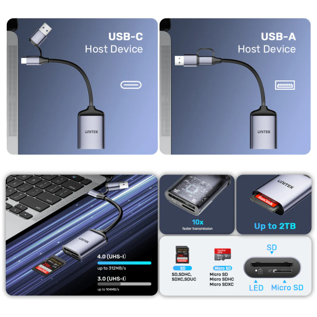 Unitek R1018E Super Fast Card Reader Up to 312mb/s USB-A/C Supports SD/MicroSD - Image 6