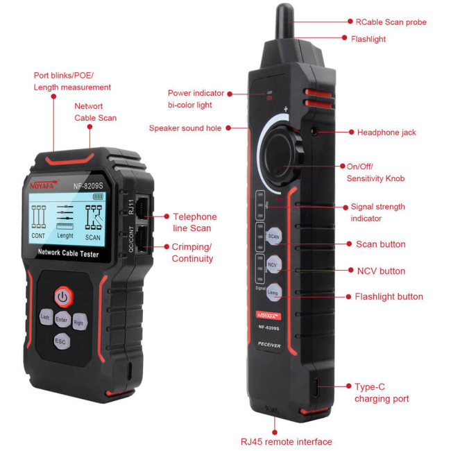 Noyafa Network Tester & Tracker with PoE, Cable Length, Port Flashing, NCV & Rechargeable Battery NF-8209S - Image 5
