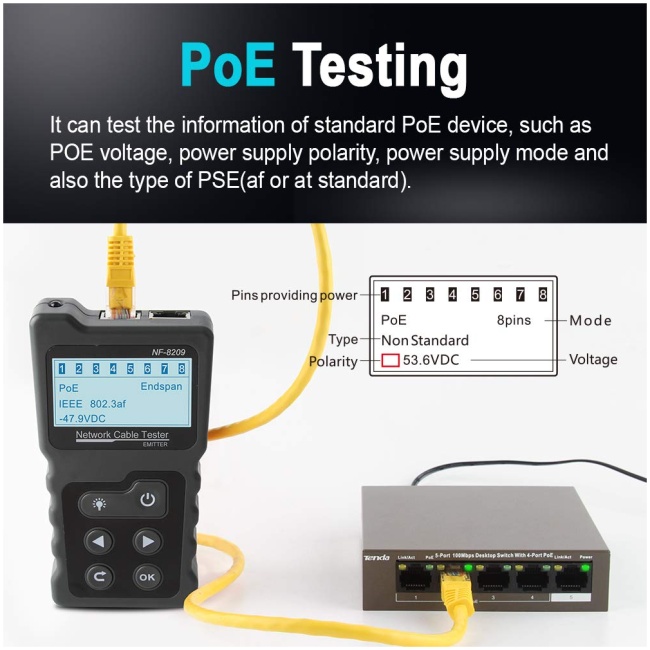 Noyafa Network Tester with LCD, Toner, Continuity, Cable Length, PoE, Port Blink & Voltage Detection NF-8209 - Image 8