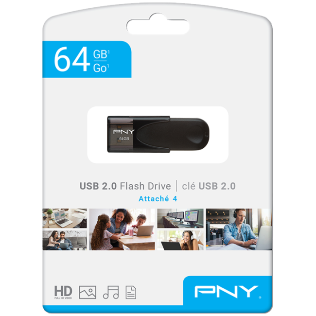 PNY Flash Drive Attache 4 USB 2.0 Stick 64GB Capless Slider Black FD64GATT4