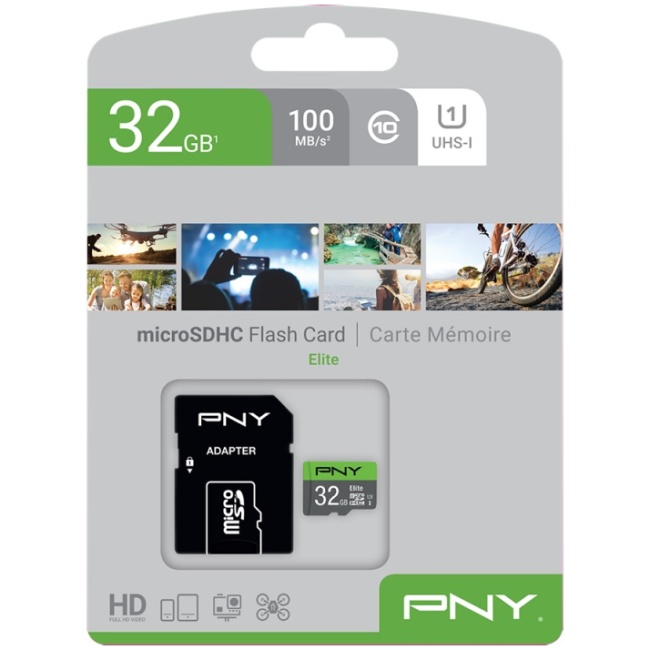 PNY Flash Memory MicroSD Card Elite with SD Adapter 32GB Class 10 UHS-I U1