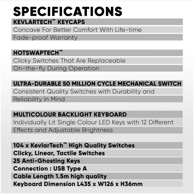 Armaggeddon MKA-7C White Mechanical Gaming Keyboard 104 Keys Clicky Blue Keys - Image 11