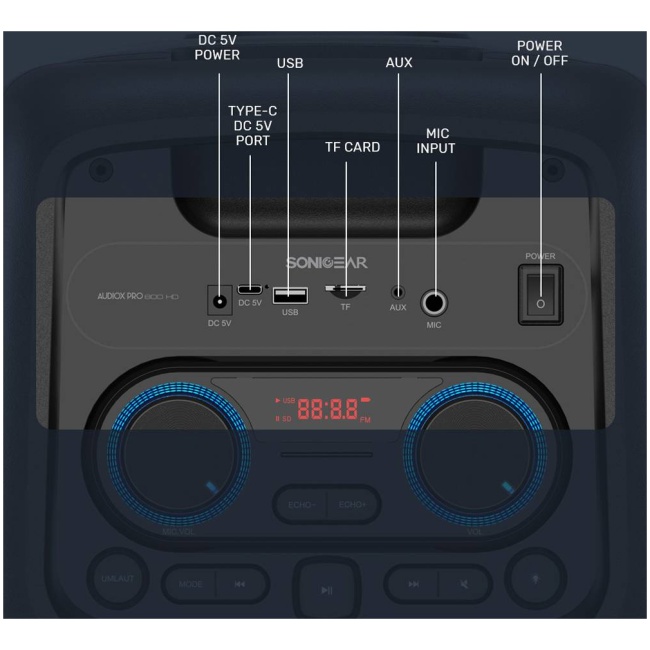 SonicGear AudioXPro800HD 2 x 8'' Portable Karaoke Speaker with Voice Changer & 2 x Wireless Microphones included - Image 12