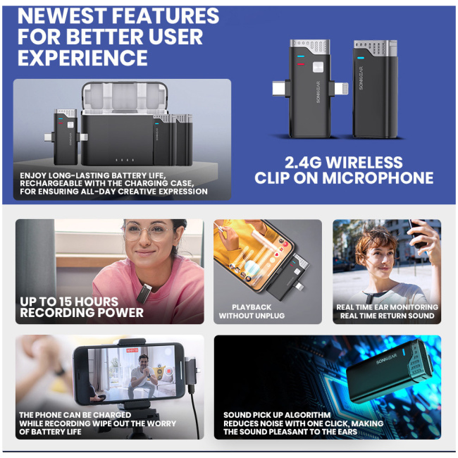 SonicGear WLM3000 DUO USB-C & Lightning Receiver to 2x Lavalier ClipOn Microphones - Image 3