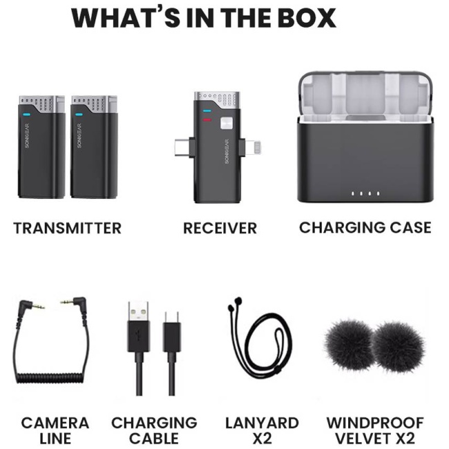 SonicGear WLM3000 DUO USB-C & Lightning Receiver to 2x Lavalier ClipOn Microphones - Image 13