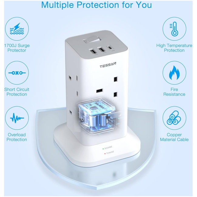 Tessan 8-Gang Extension 2 USB-A USB C 2m 13A TPS03-UK-C - Image 4