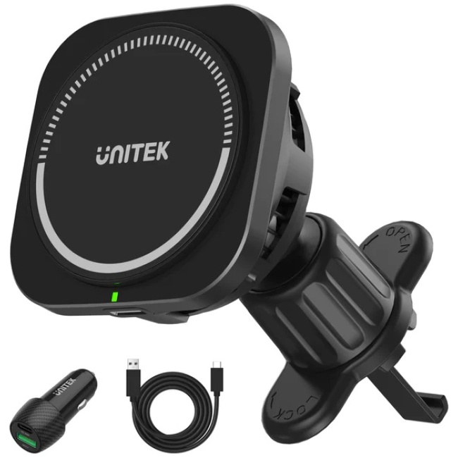 Unitek Wireless 15W MagSafe Car Mount Kit with Cooling Fan + 38W Charger & USB-Cable P1403A