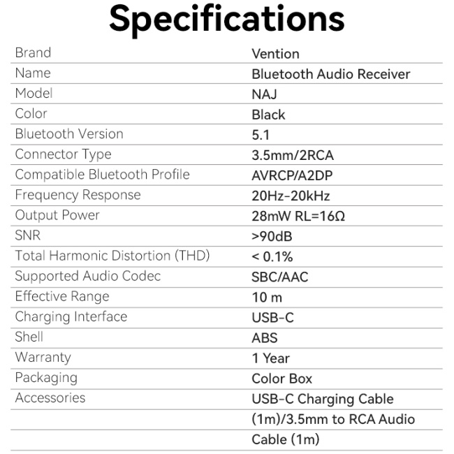Vention AUDIO Bluetooth Receiver 3.5mm/2RCA NAJB0 - Image 4