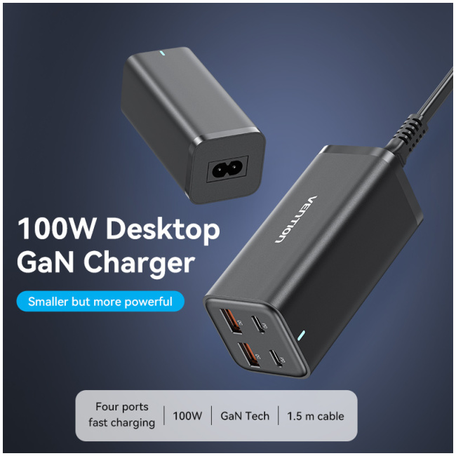 Vention Charger Desktop Station 100W 2xC 2xA+240W Cable Black FBSBG-UK - Image 2