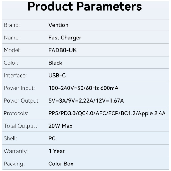 Vention Charger Wall 20W 1xUSBC Black FADB0-UK - Image 4