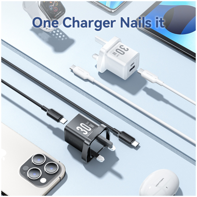 Vention Charger Wall GaN 30W 1xA 1xC+USBC Cable Black TZ-FEQB0-UK-01 - Image 6