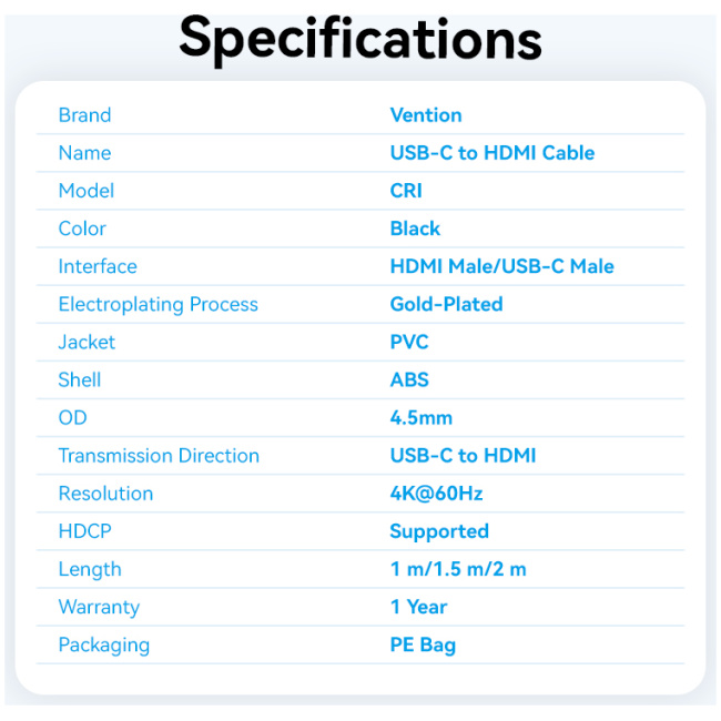 Vention Converter USB-C to HDMI Cable 4K60Hz 1.5m CRIBG - Image 4