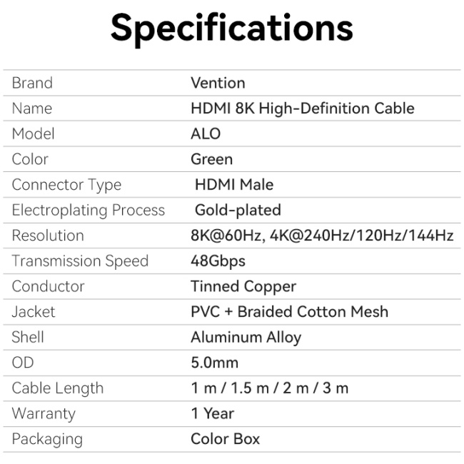 Vention HDMI Cable 2.1 8K60Hz Braided Ultra Thin 1.5m ALOGG - Image 16