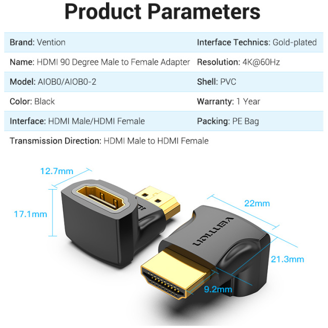Vention HDMI Right Angle Adaptor Male to Female 90 Degree 4K60Hz AIOB0 - Image 11