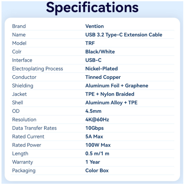 Vention IT Cable USB-C 3.2 Gen2 M-F 0.5m Braided Aluminum Black TRFBD - Image 4
