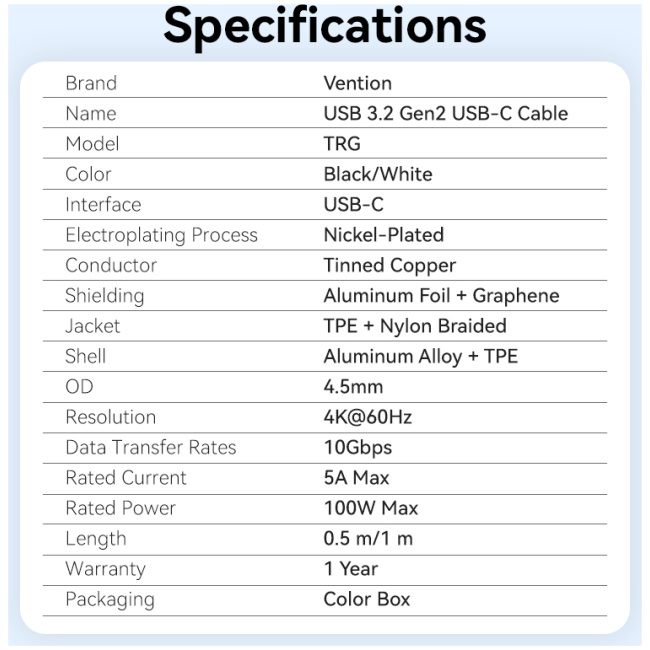 Vention IT Cable USB-C 3.2 Gen2 M-M 0.5m Braided Aluminum Black TRGBD - Image 13