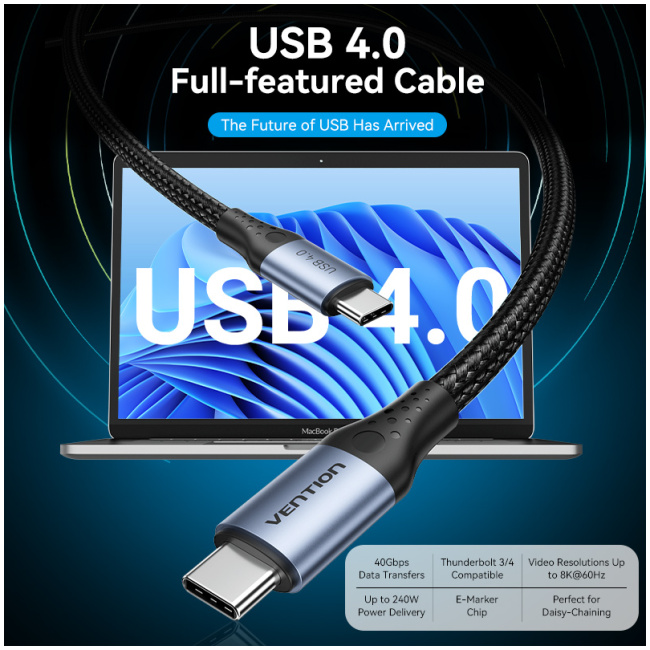 Vention IT Cable USB-C 4.0 M-M 1.0m Braided Aluminium Grey TAVHF - Image 2