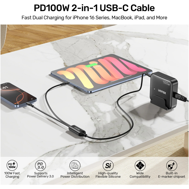 Unitek USB-C Cable PD100W 2-in-1 Dual Charging C14146ABK01-1.8M - Image 3