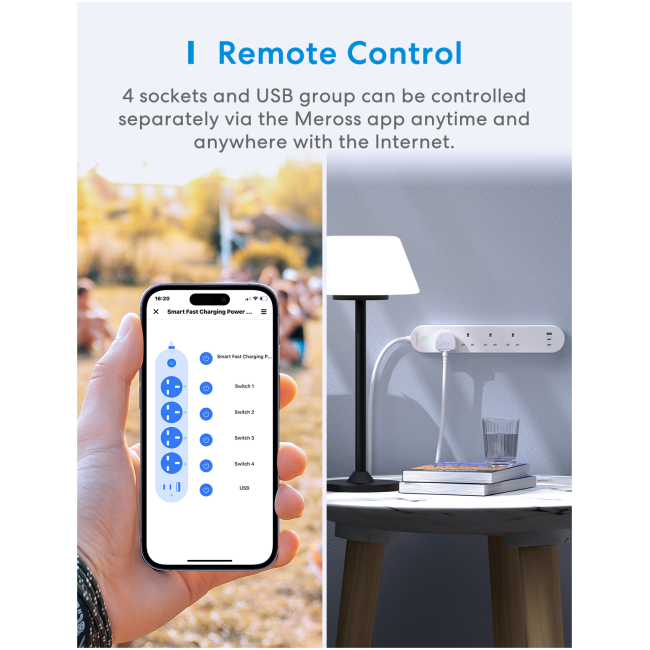 Meross Smart WiFi Powerstrip 4x AC sockets 1xUSB-A 2xUSB-C 65W 1.8m MSP843PHK-UK - Image 5