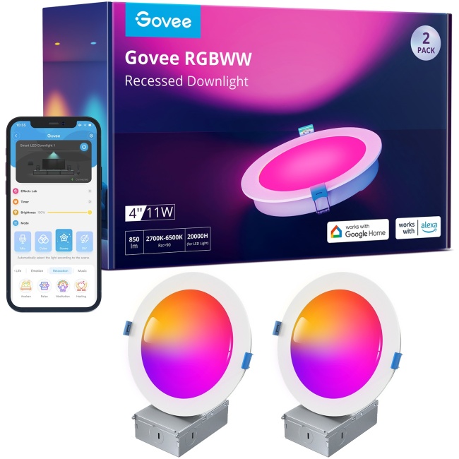 Govee B601B Smart Recessed Lights (2 Pack) 4'' Wi-Fi & BT RGBWW 850 Lumen with Junction Box