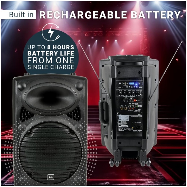 QTX QR12PA 12'' Professional Portable Karaoke & PA Speaker with 2x Wireless Microphones, Bluetooth USB & FM 178.847UK - Image 4