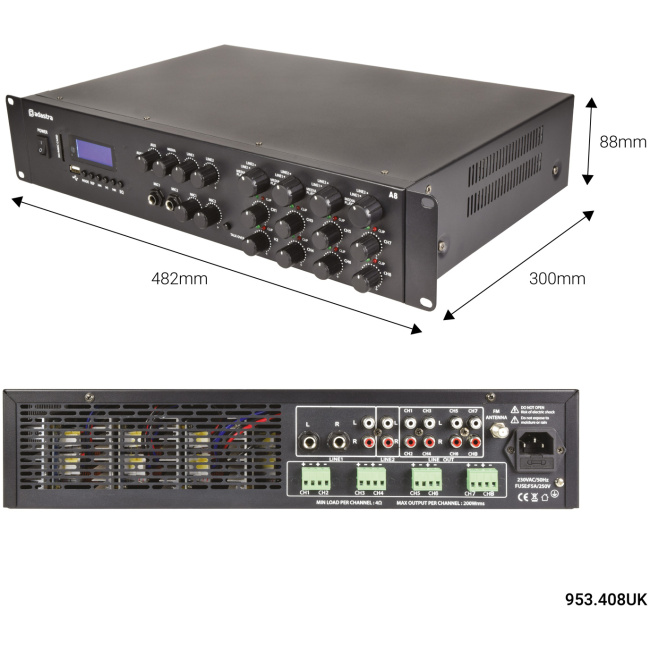 Adastra A8 4 x Independent Stereo Zones Amplfier 8x200W USB/BT/FM 953.408UK - Image 4