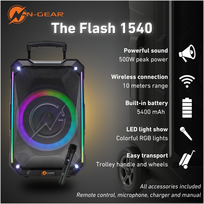 N-Gear FLASH1540 15'' Portable Karaoke Speaker with 1x Wireless Mic LED Lights USB & BT - Image 4