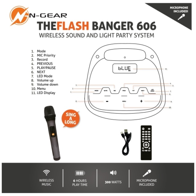 N-Gear FLASHBANGER 606 Karaoke Speaker BT/USB with 1x Wireless Microphone - Image 6