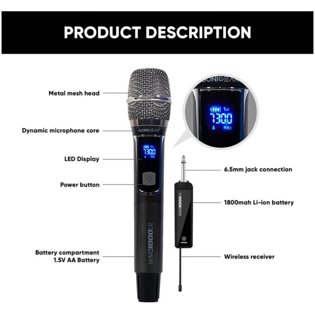 SonicGear WM3000UL 1xHandset Wireless UHF Microphone with Rechargeable Receiver - Image 10