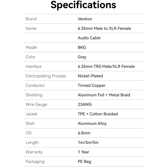 Vention AUDIO 6.3mm to XLR M-F Cable Braided-Metal 5.0m BKGHJ - Image 11