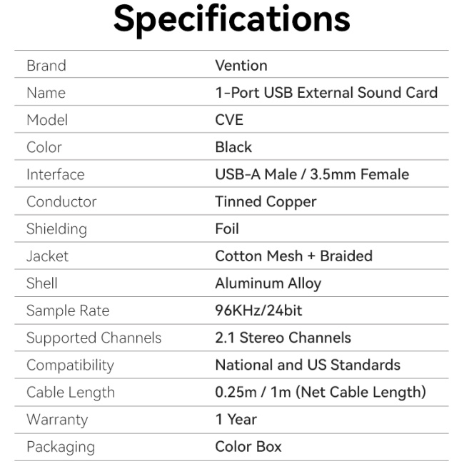 Vention AUDIO CONVERTER USB-A to 1x3.5mm 1.0m Cable Braided CVEBF - Image 11