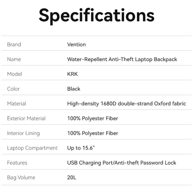 Vention Backpack 15.6'' Water-Repellent USB Charge & Lock Black KRKB0 - Image 11
