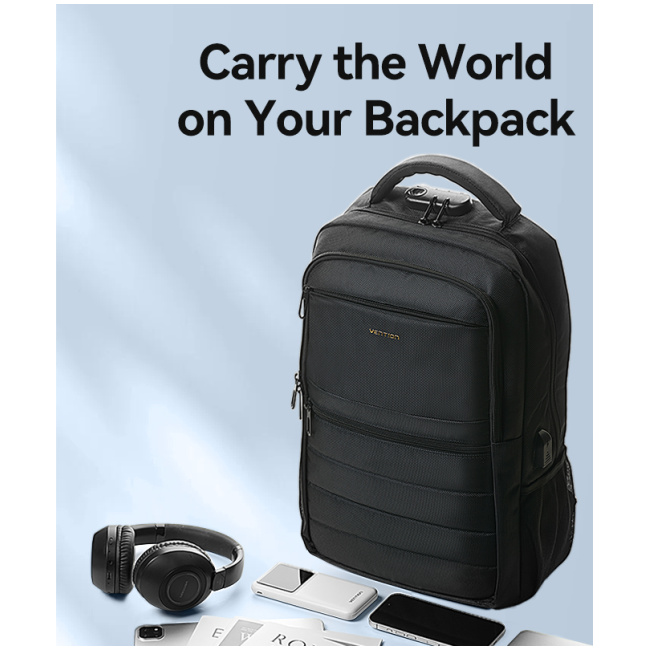 Vention Backpack 15.6'' Water-Repellent USB Charge & Lock Black KRKB0 - Image 7
