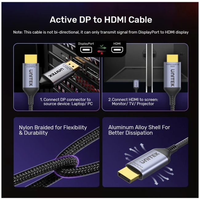 Unitek DisplayPort 1.4 to HDMI 2.1 Cable 8K60Hz 1.8m V1610A02 - Image 7